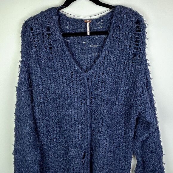 Free People Up The Ladder Distressed Open Knit PullOn Sweater Washed Navy Blue M - Picture 5 of 16